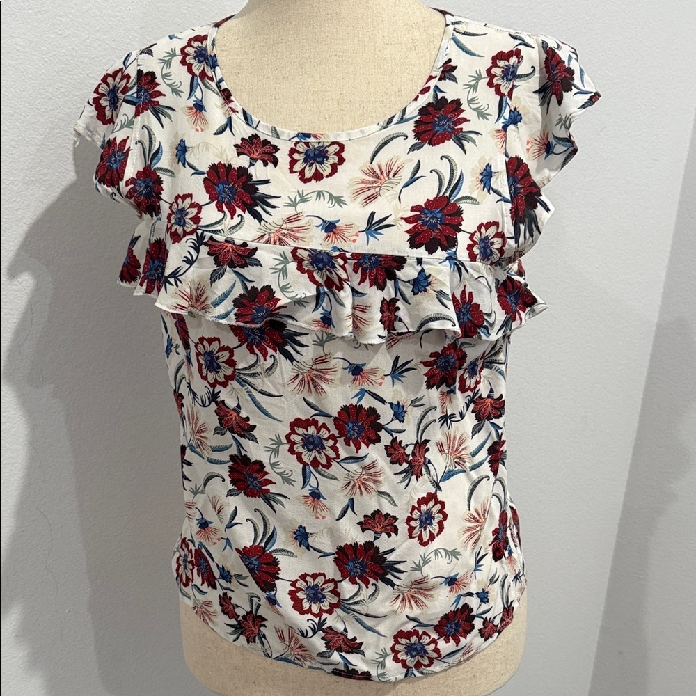 👚 Floral Ruffle Cap-Sleeve Top in Ivory and Red